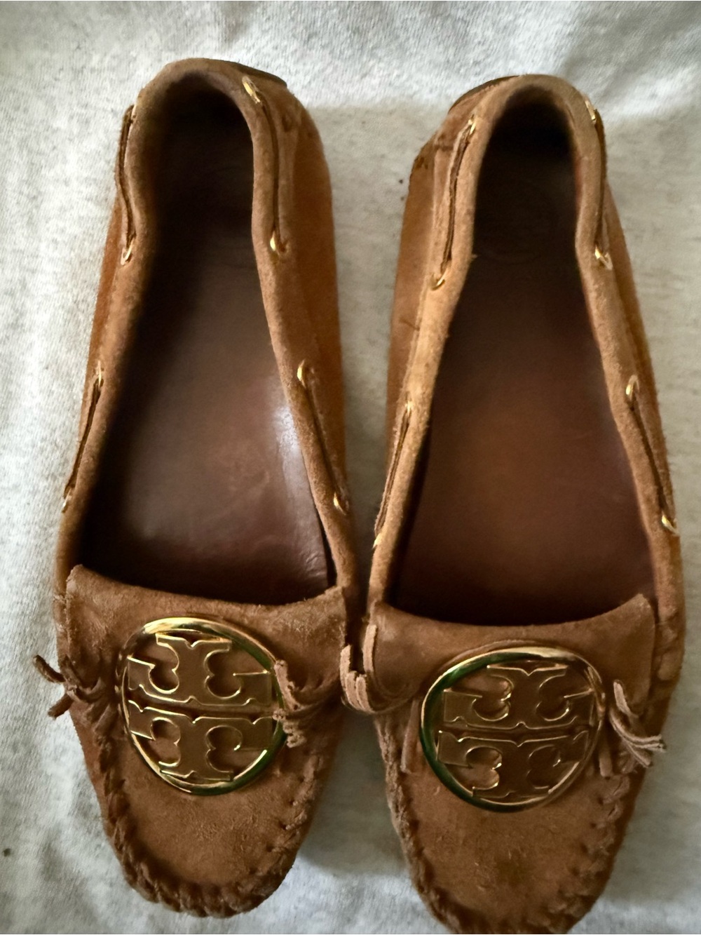 Tory Burch Chestnut Suede Moccasin Loafers with Gold Logo